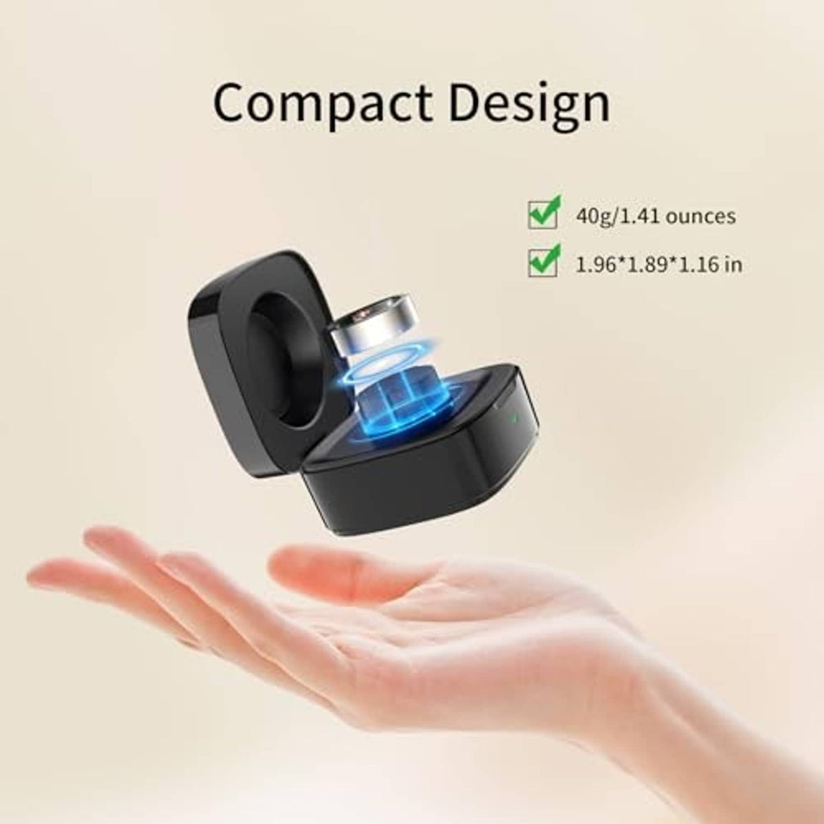 Compact black wireless charging dock with ring cradle and blue charging light