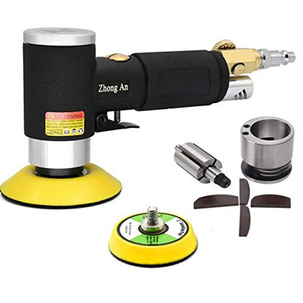 Dual-action air orbital sander with black grip and yellow 3-inch sanding pad