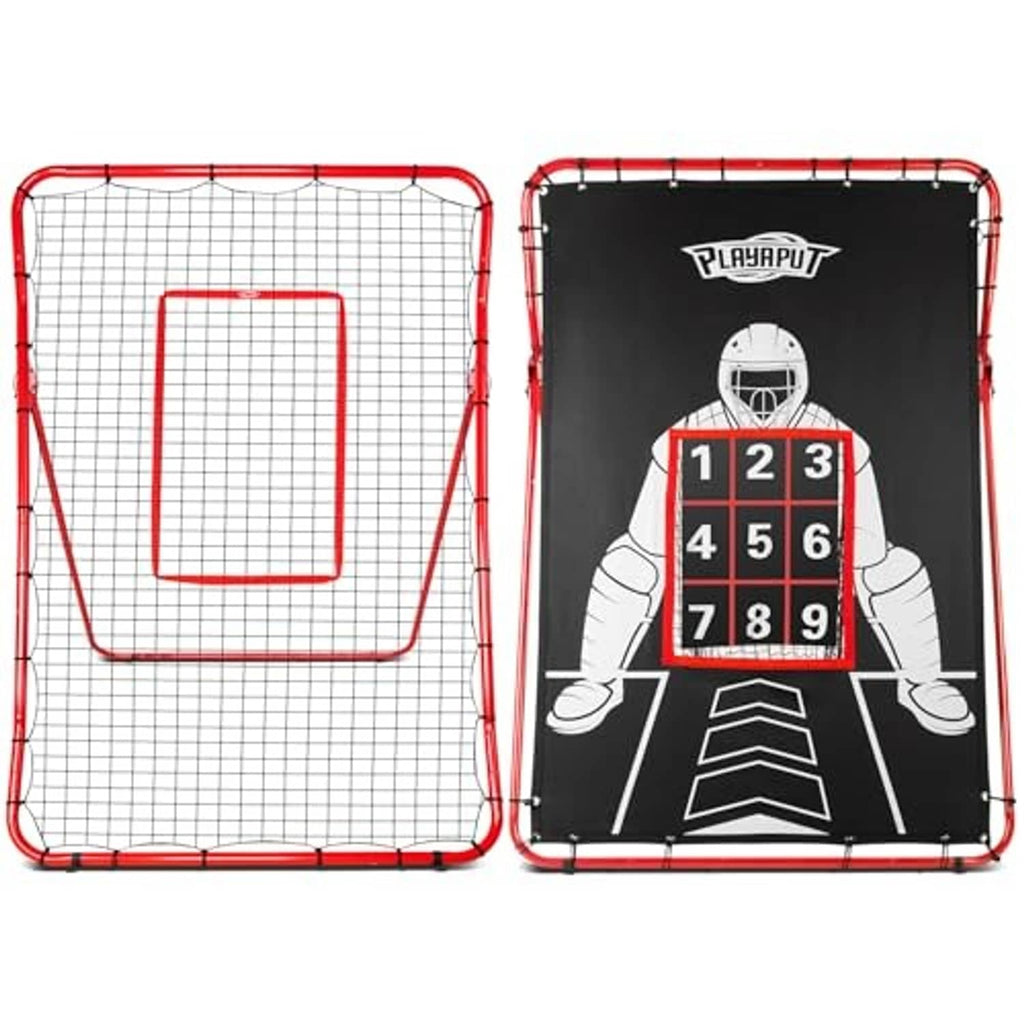 Baseball pitching rebounder net set with red frame, white grid, and black target face