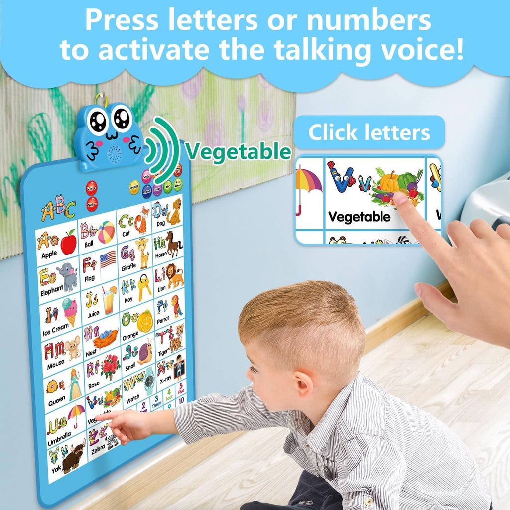 Blue talking alphabet and number wall chart, with child pointing to letter icons