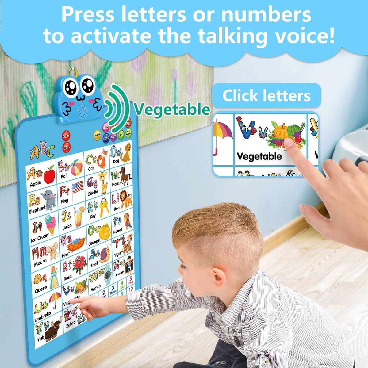 Blue talking alphabet and number wall chart, with child pointing to letter icons