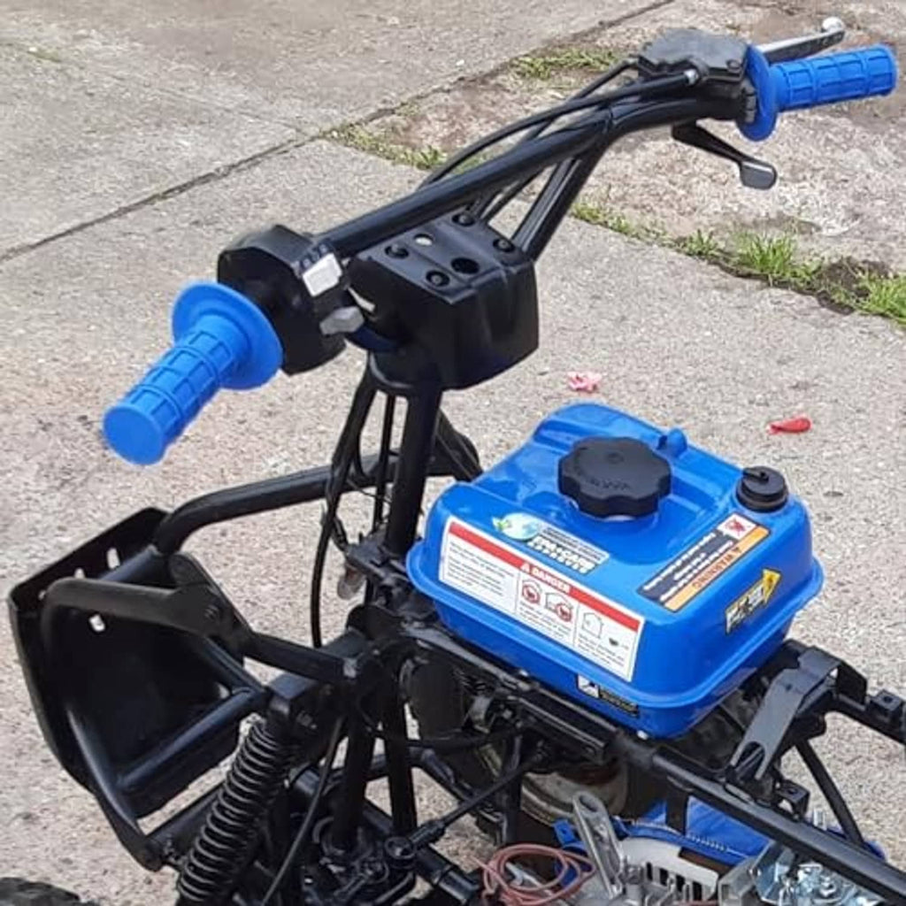 Blue non-slip motorcycle handlebar grips on handlebar with visible control area