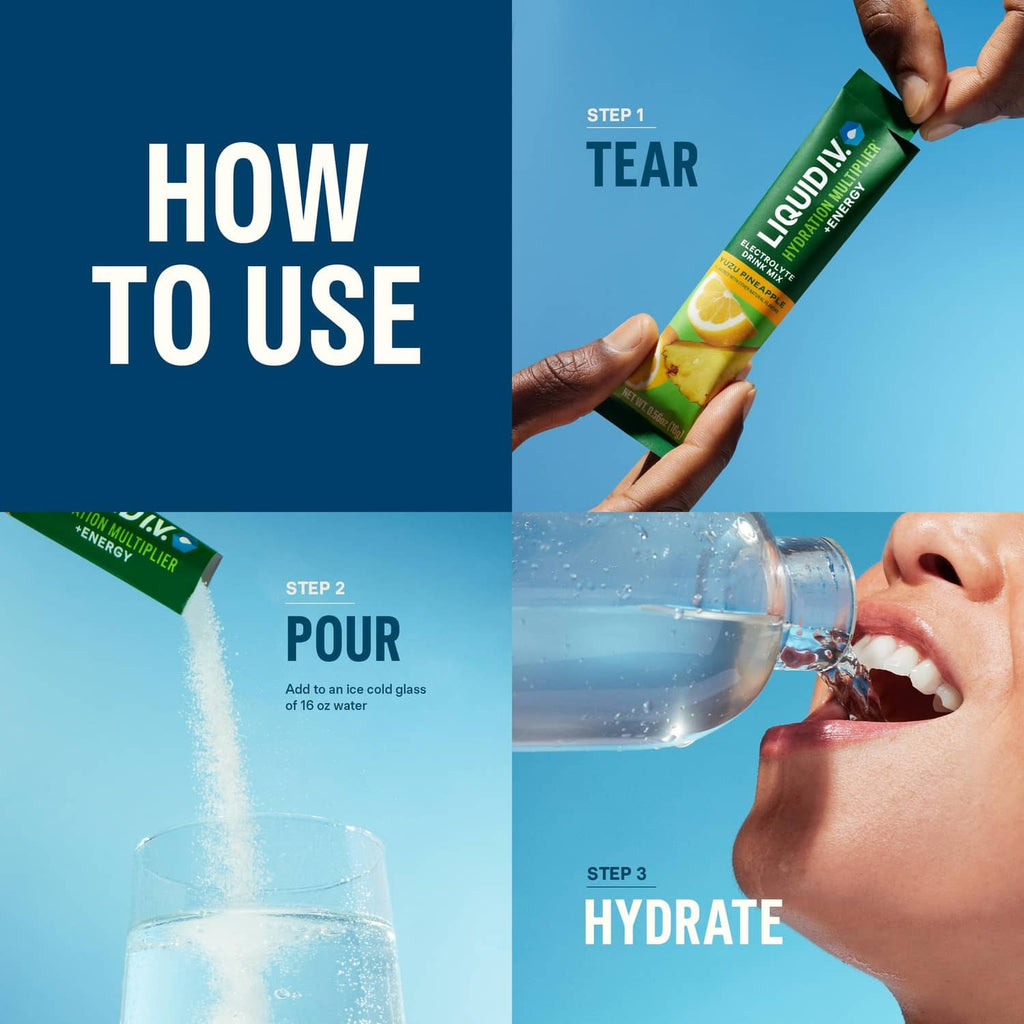 Liquid I.V. hydration electrolyte stick torn into a water glass for drinking