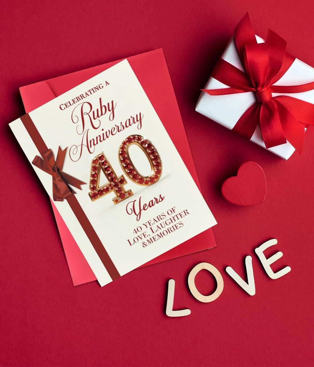 Ruby wedding anniversary card with red ribbon bow, 40 Years text, and heart decor