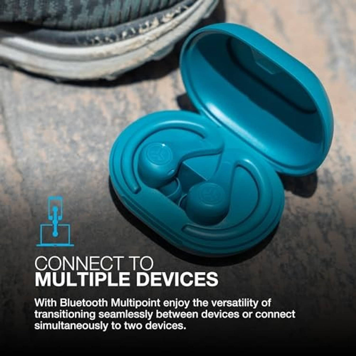 Teal charging case with two true wireless earbuds inside and ear hooks