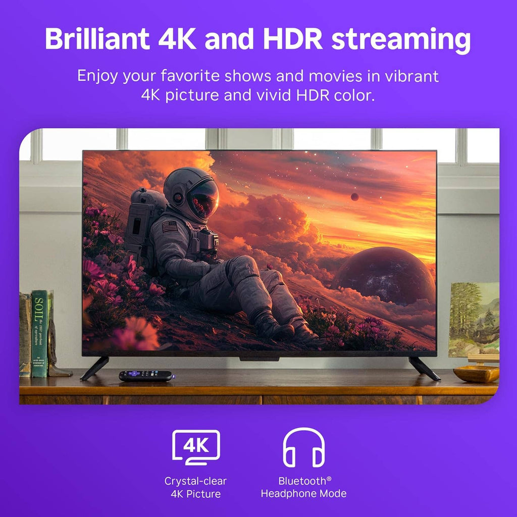 Roku streaming stick plus on TV stand with colorful 4K HDR picture on screen