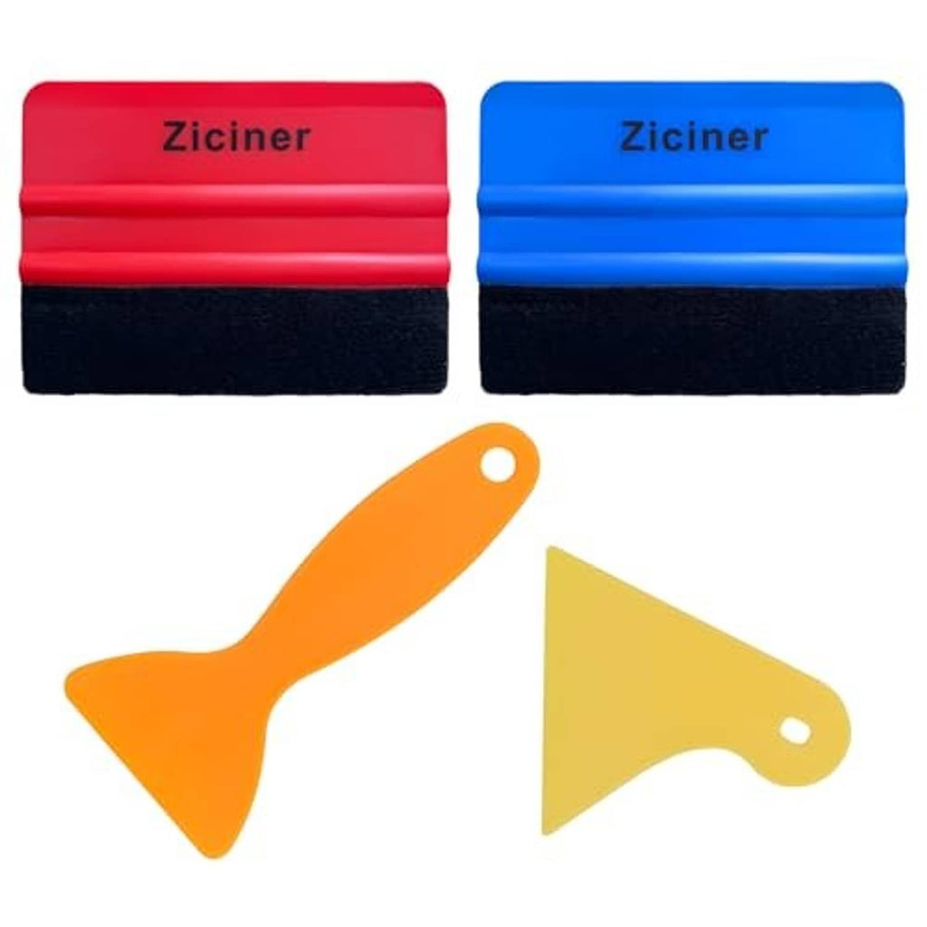 Vinyl wrapping squeegee set with red and blue felt-edge pads and orange/yellow scrapers