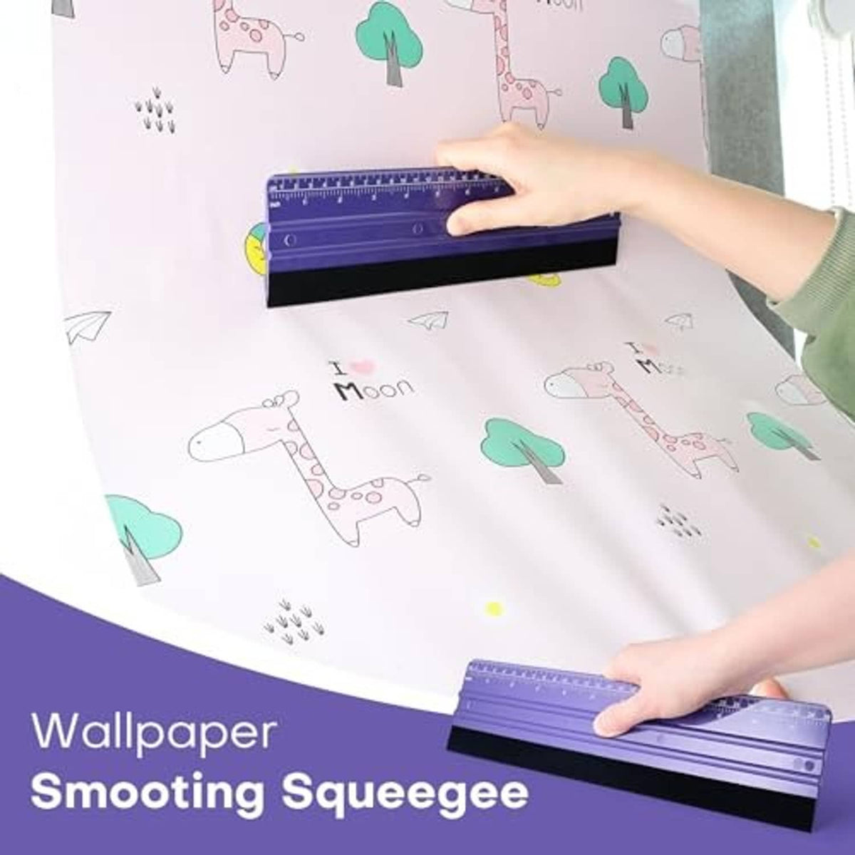 Purple felt wallpaper smoothing squeegee with ruler; hand guides straight along wall