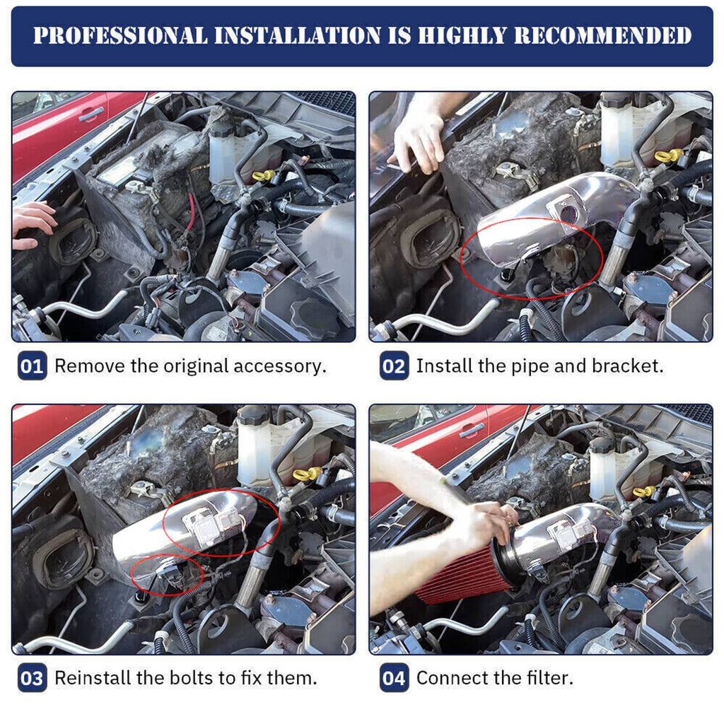 Step-by-step install photos showing chrome intake pipe and red filter placement