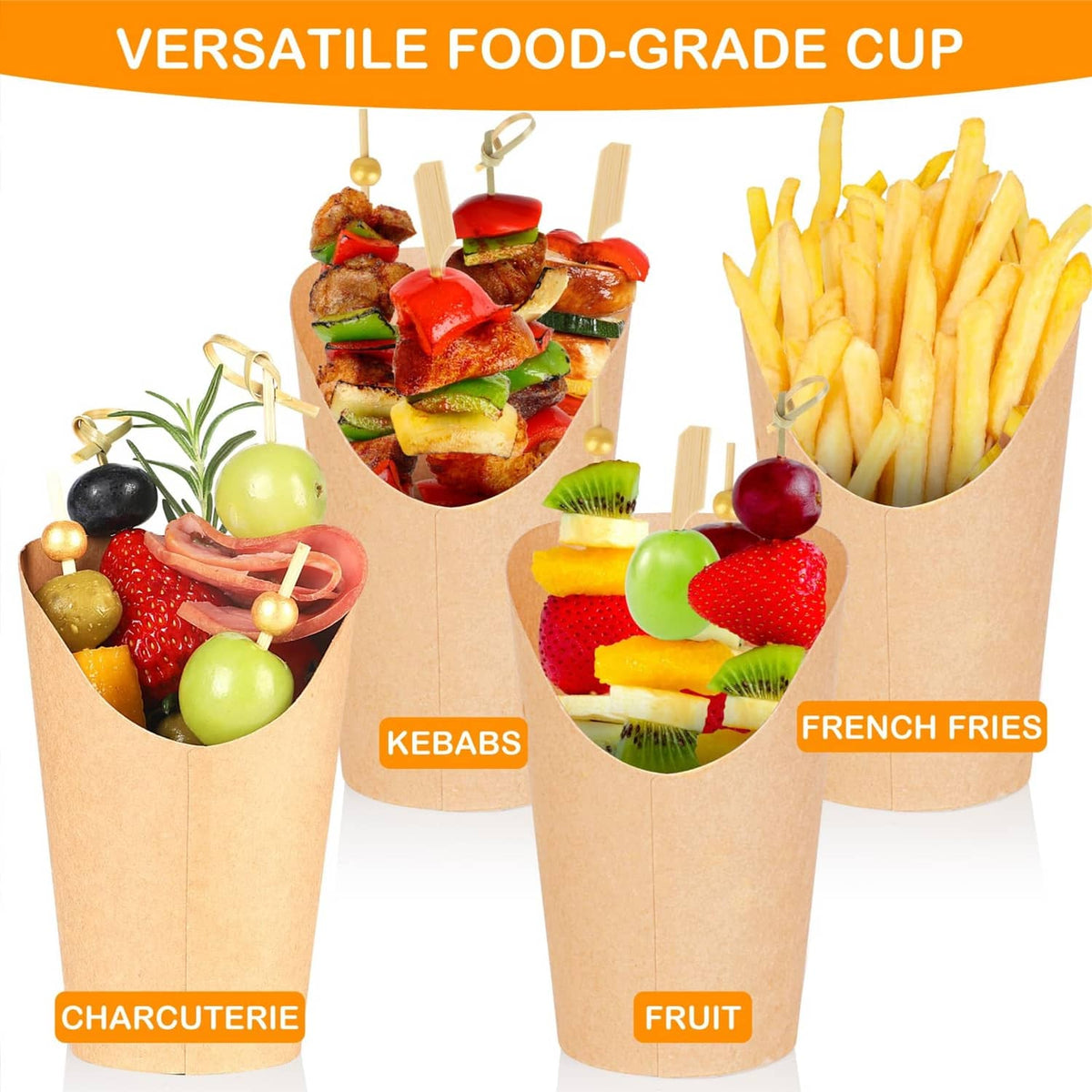Brown kraft charcuterie cups filled with kebabs, fries, and fruit on wooden picks