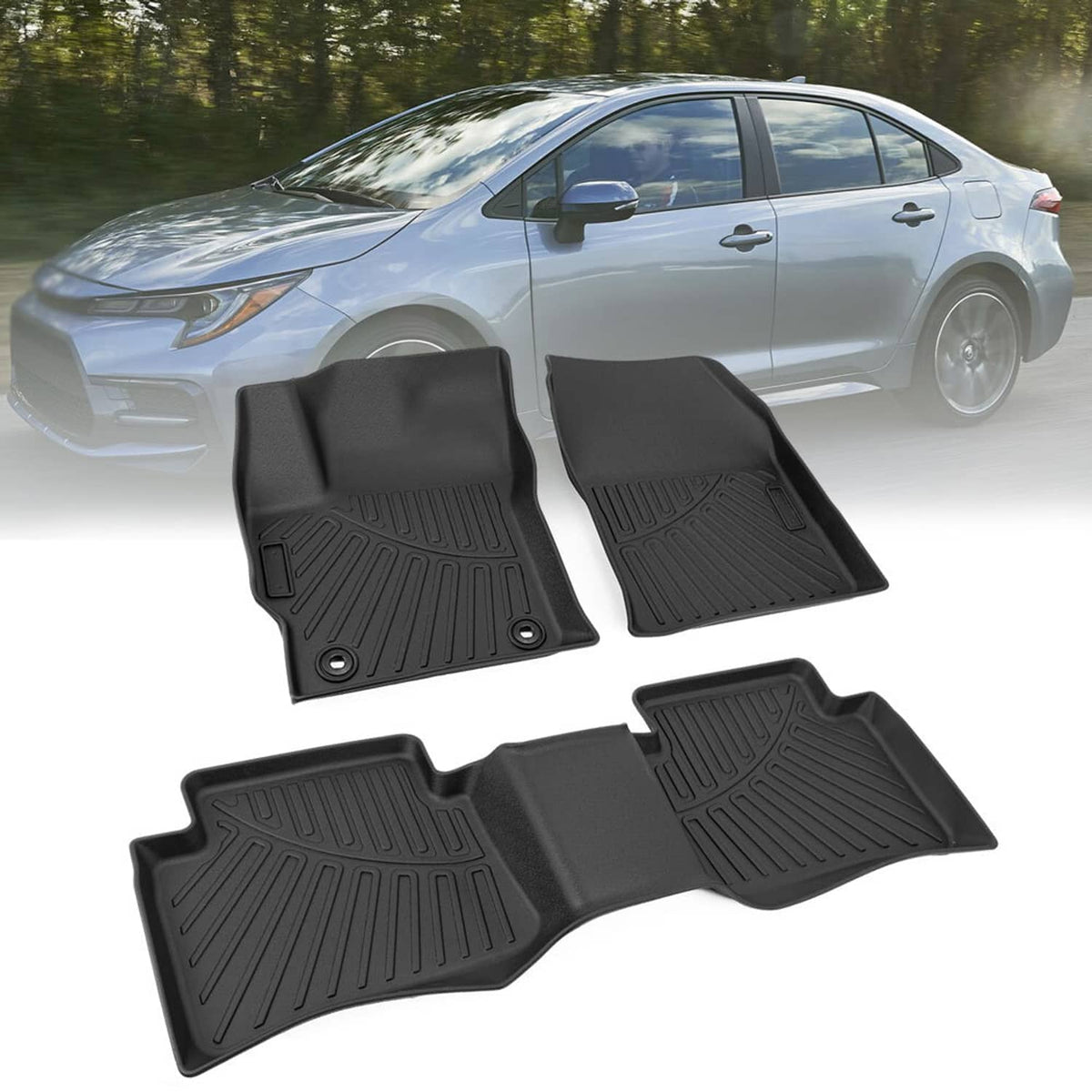 Black 3D molded floor mat set with two front mats and one rear mat for sedan