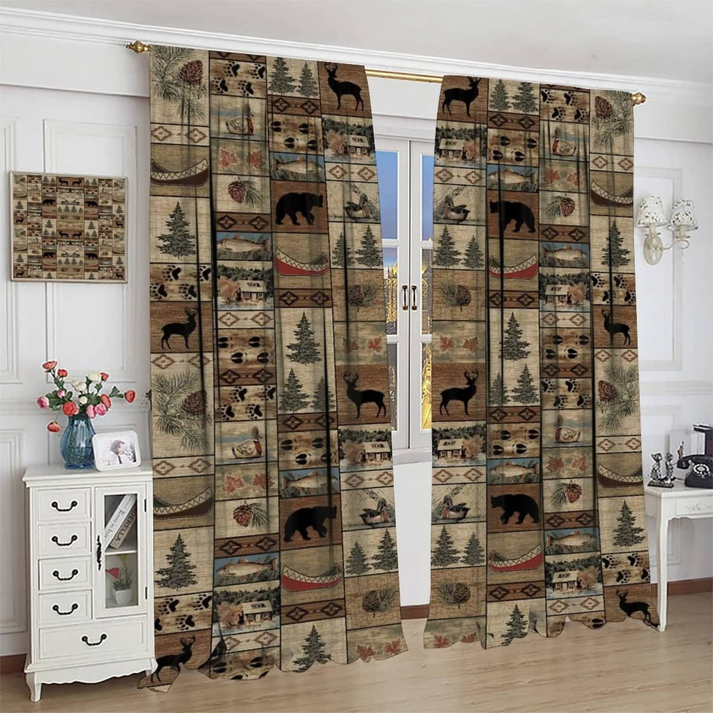 Rustic country animal and tree patterned curtain panels for window decor, rod pocket top
