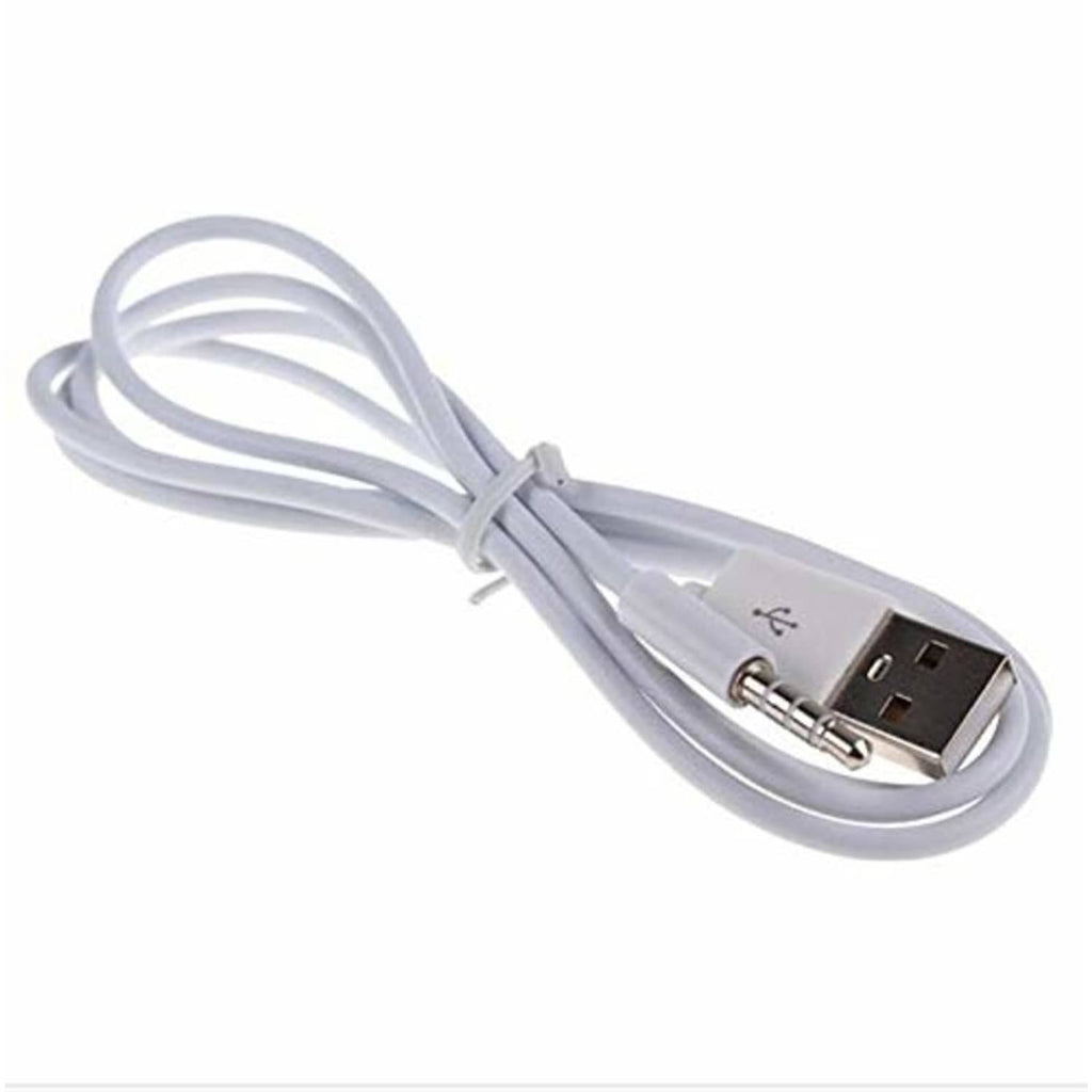 White USB-A to 3.5mm male audio cable, coiled with connectors visible