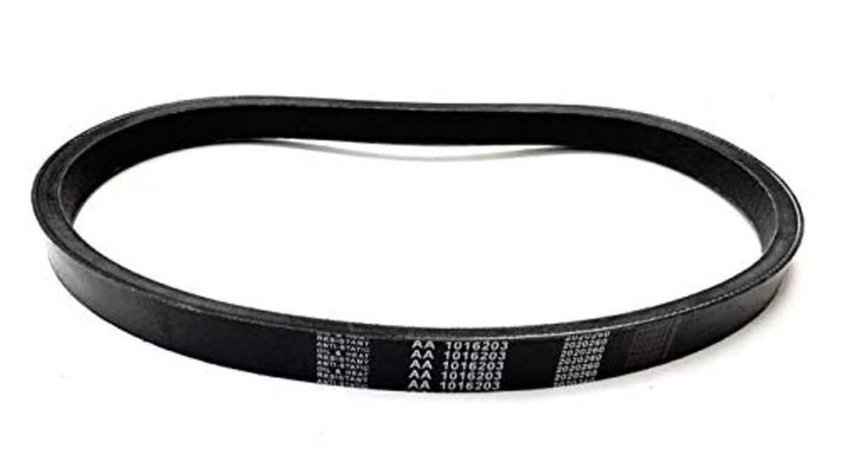 Black rubber drive belt, close-up view of printed markings
