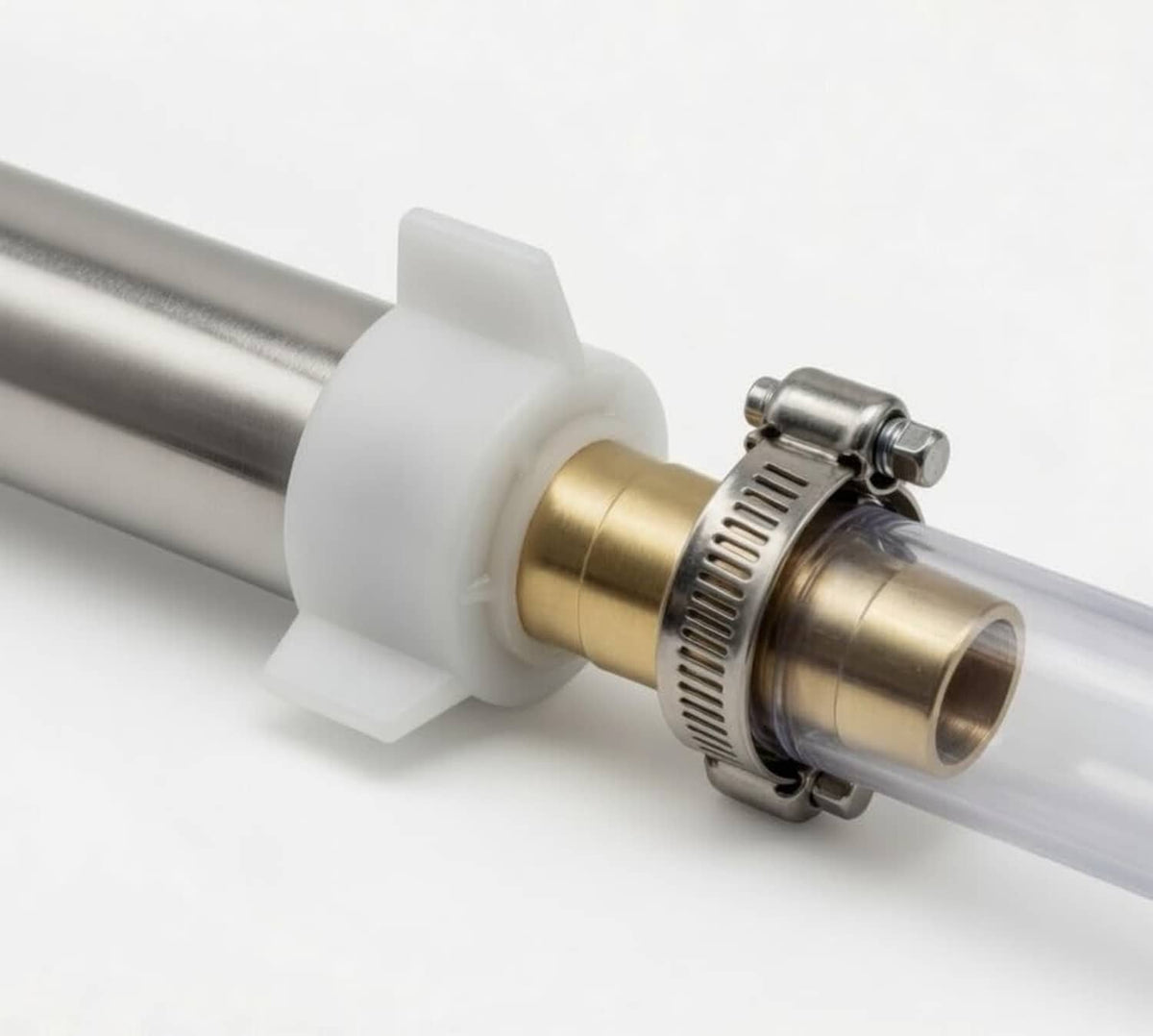 Swivel nut adaptor fitting with clamp, brass barb insert, white housing, on tubing