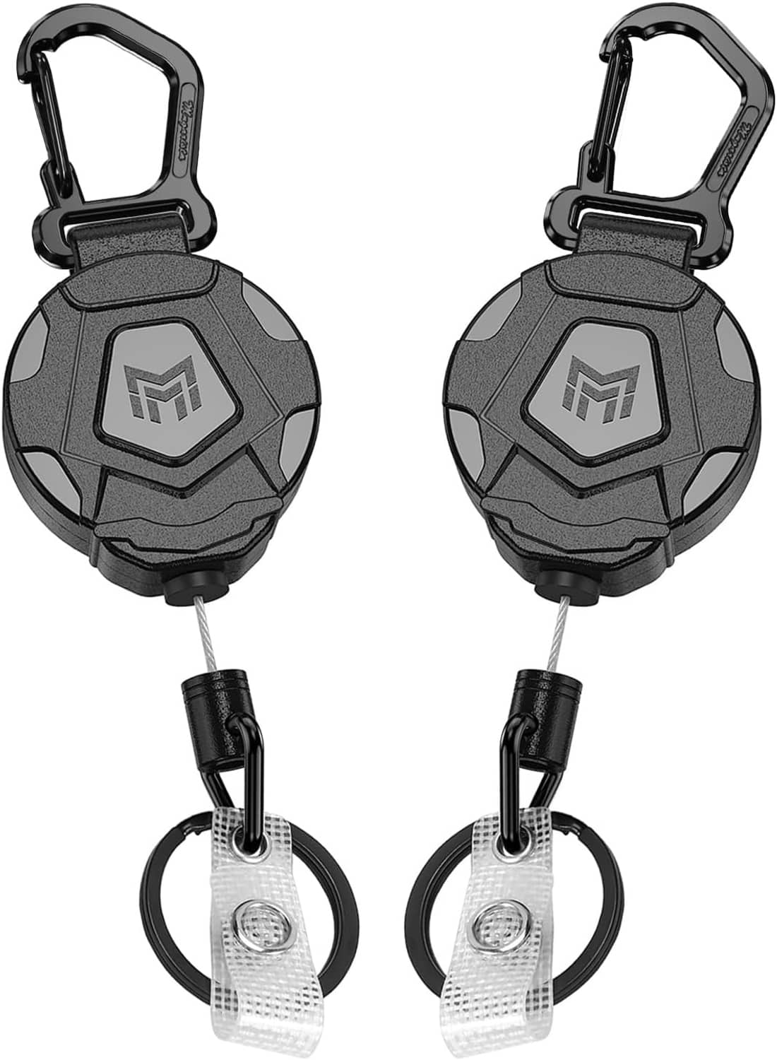 2-pack retractable keychains with black carabiners and white ID badge tags