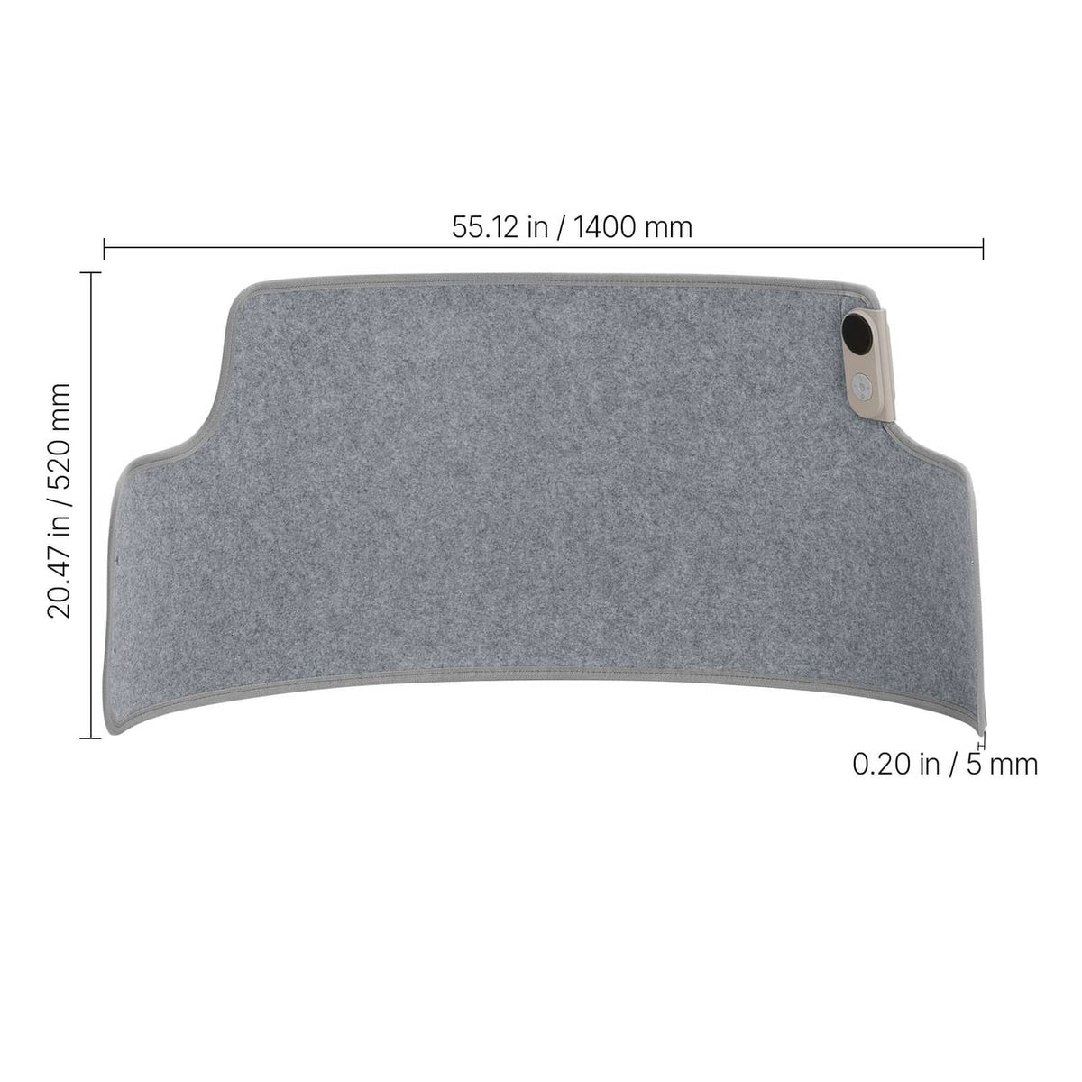 Top view of gray under-desk heater heating pad with height and thickness markings