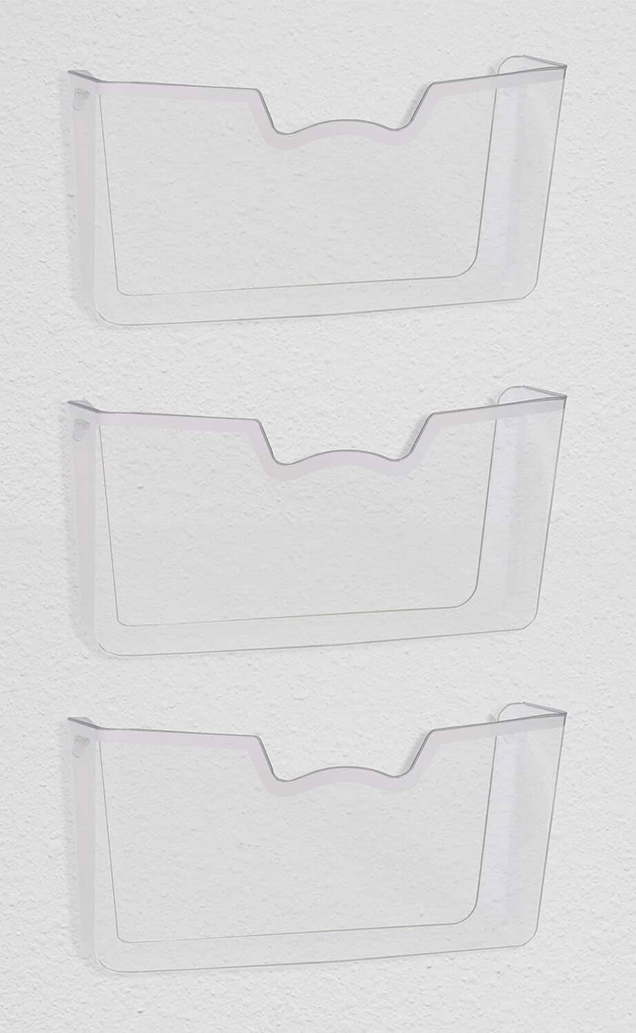 Set of 3 clear wall-mount document holders, three empty letter-size trays