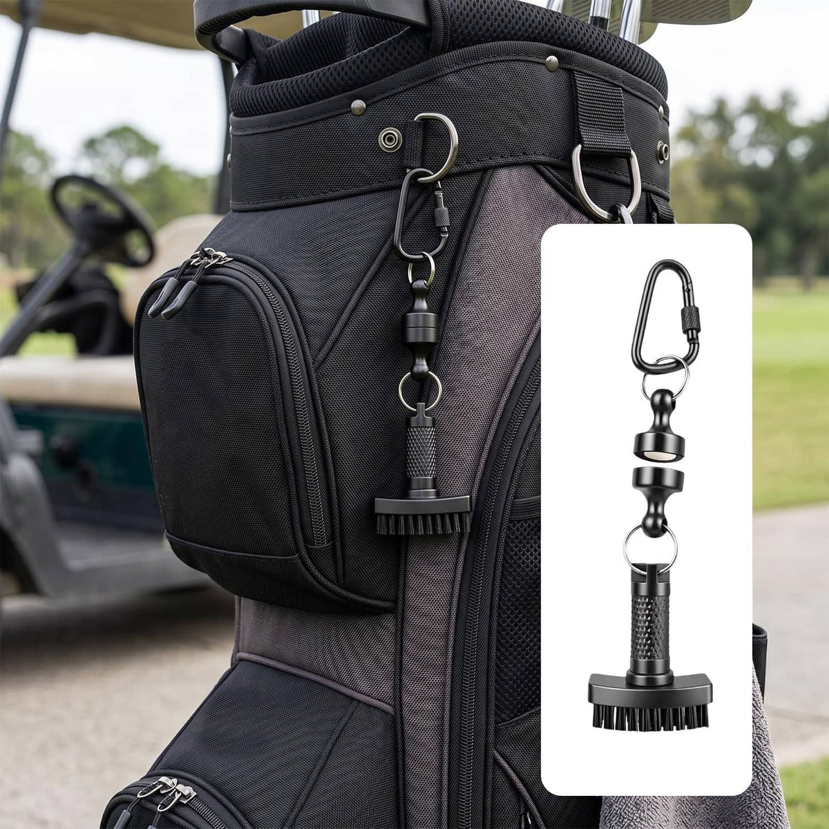 Mini golf club brush accessory clipped to golf bag strap with hook and brush head