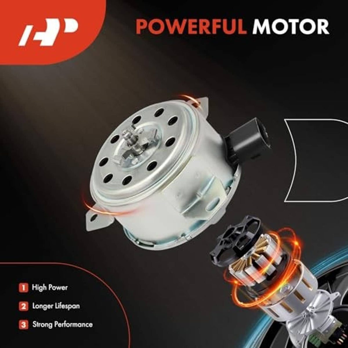 Radiator fan motor with internal cutaway showing wiring and coils, silver and black