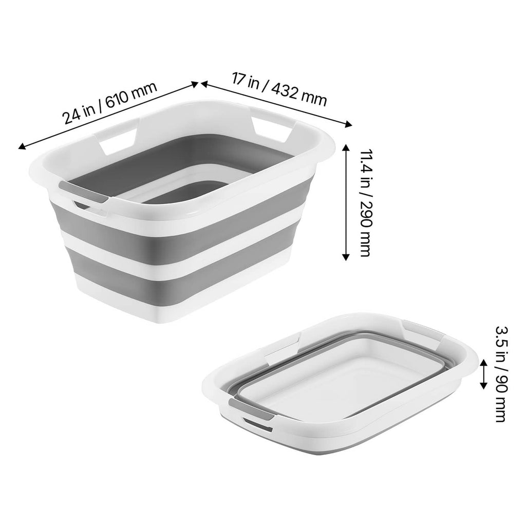 Gray and white collapsible pet bath tub with measurements and folded tray