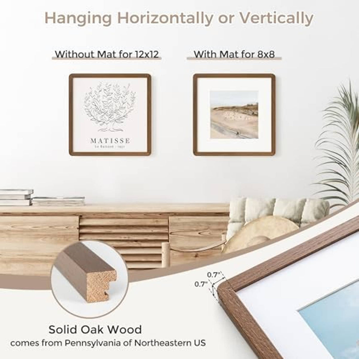 Solid oak square frame shown with a standard photo and optional inner mat.