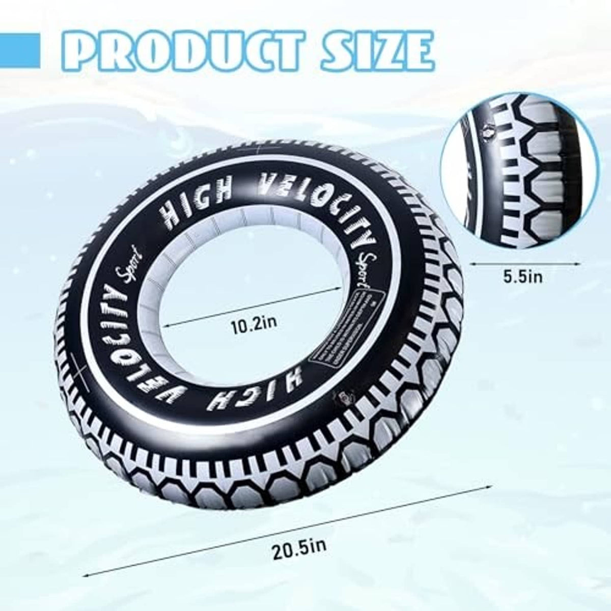 Inflatable black-and-white tire pool float ring with size measurements in inches
