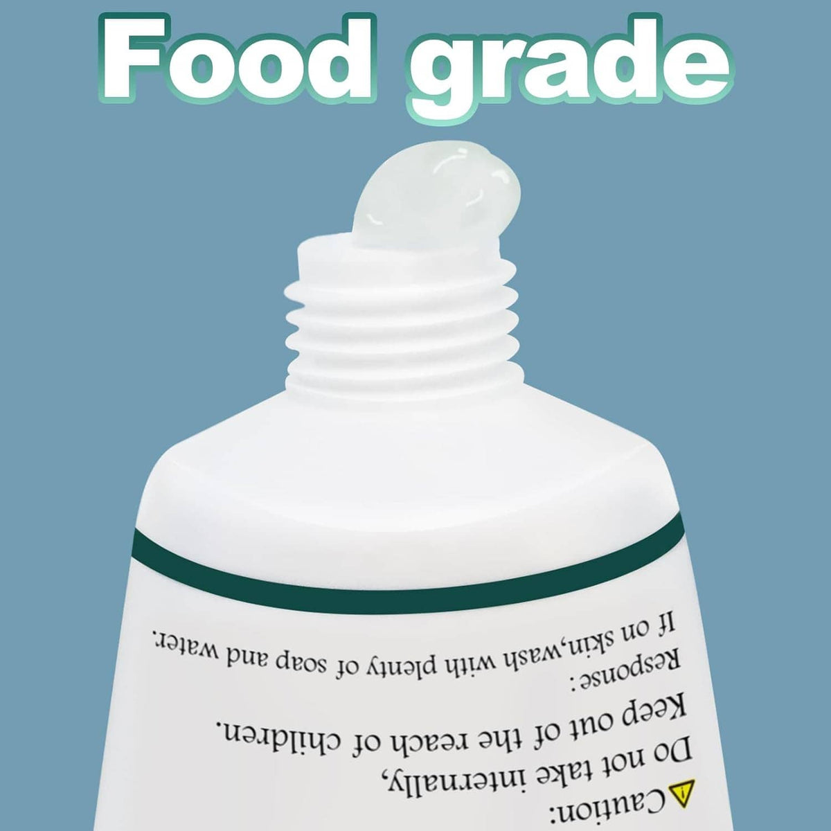 Food grade silicone grease bottle with white threaded nozzle cap and green label strip