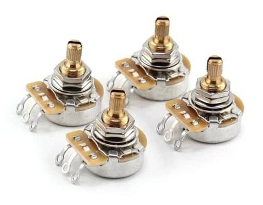 Set of 5 guitar potentiometers with short split shaft, gold top and metal body