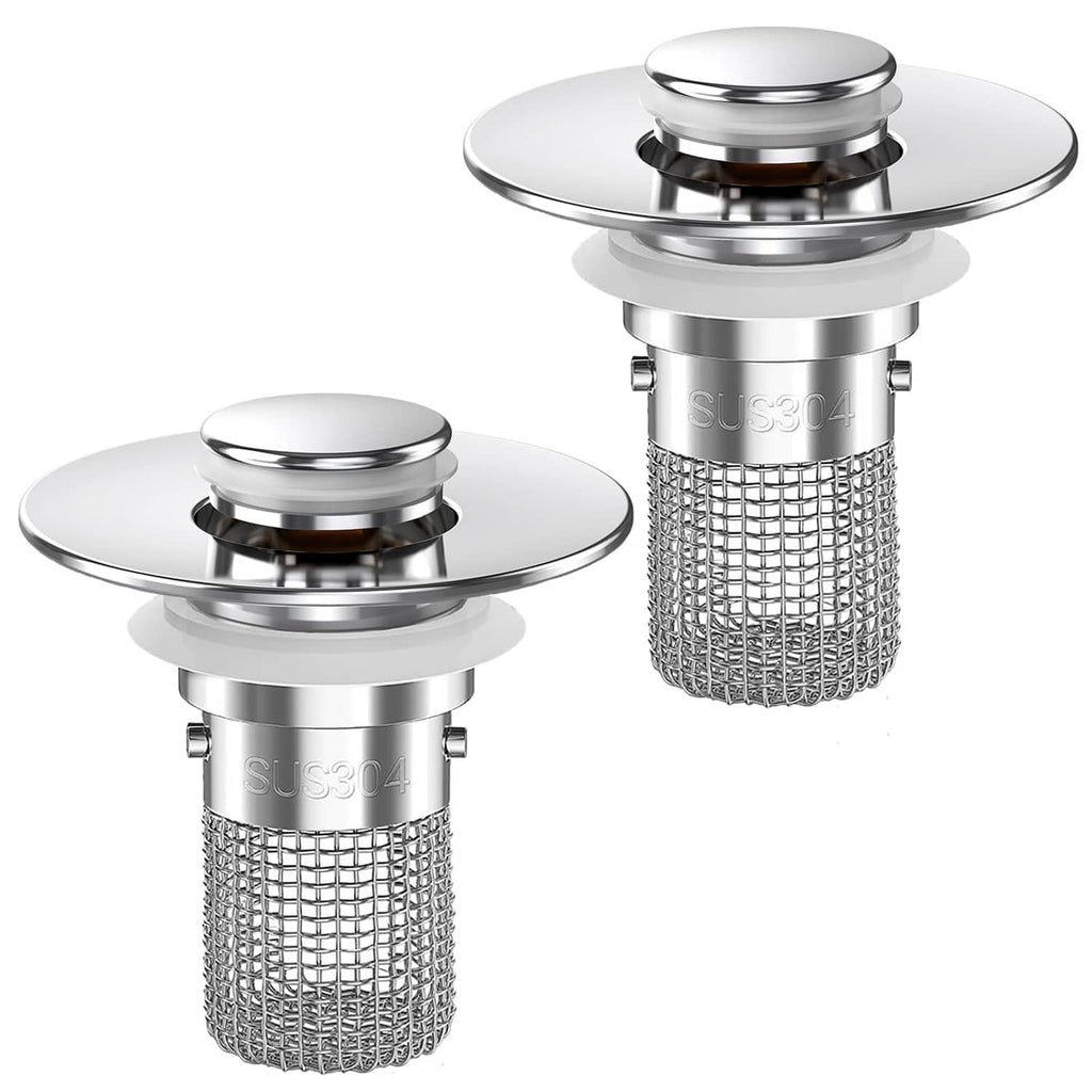 Two-piece chrome bathroom sink drain strainers with mesh baskets and round caps