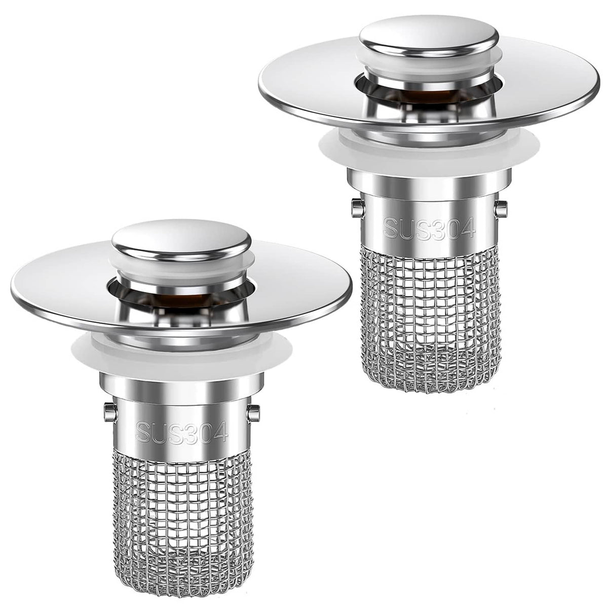 Two-piece chrome bathroom sink drain strainers with mesh baskets and round caps