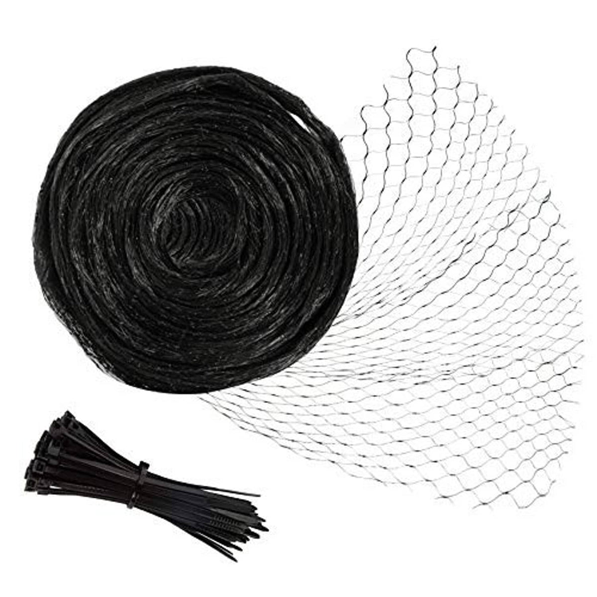 Black bird netting roll with white mesh netting sheet and tie bundle