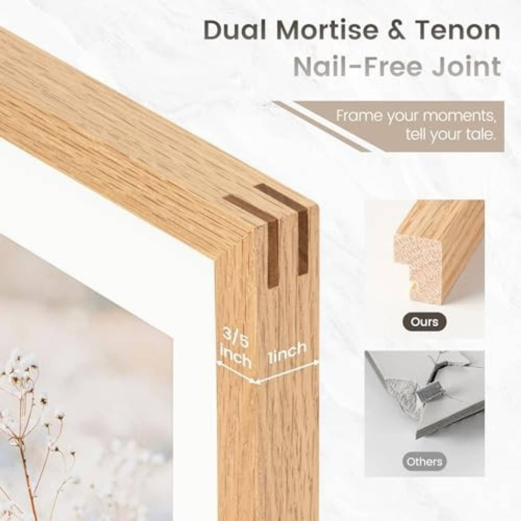 Natural oak picture frame corner with dual mortise and tenon style joint detail