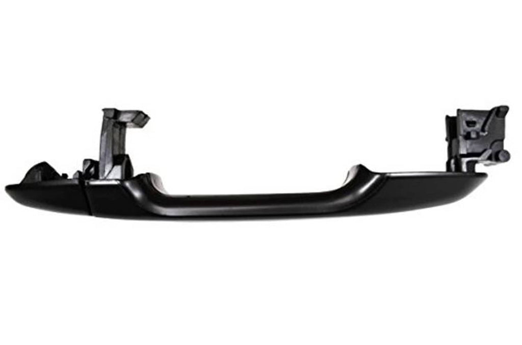 Smooth black exterior door handle with mounting brackets, open side view
