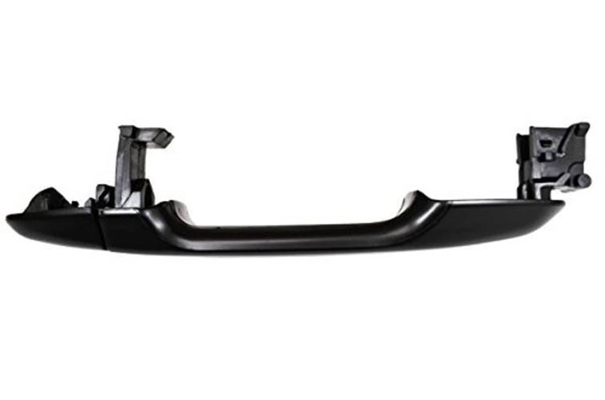 Smooth black exterior door handle with mounting brackets, open side view