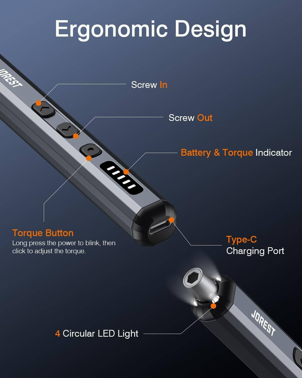 Cordless precision electric screwdriver with side buttons, LED strip, and Type-C charging port