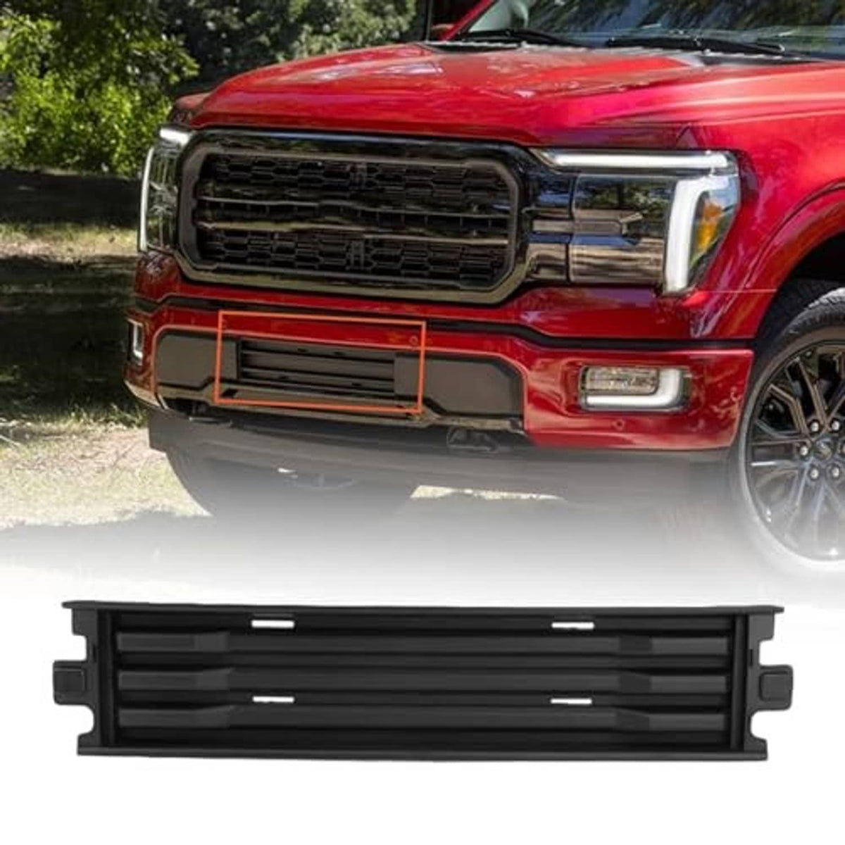 Black front bumper grille trim insert with horizontal slats, close-up view