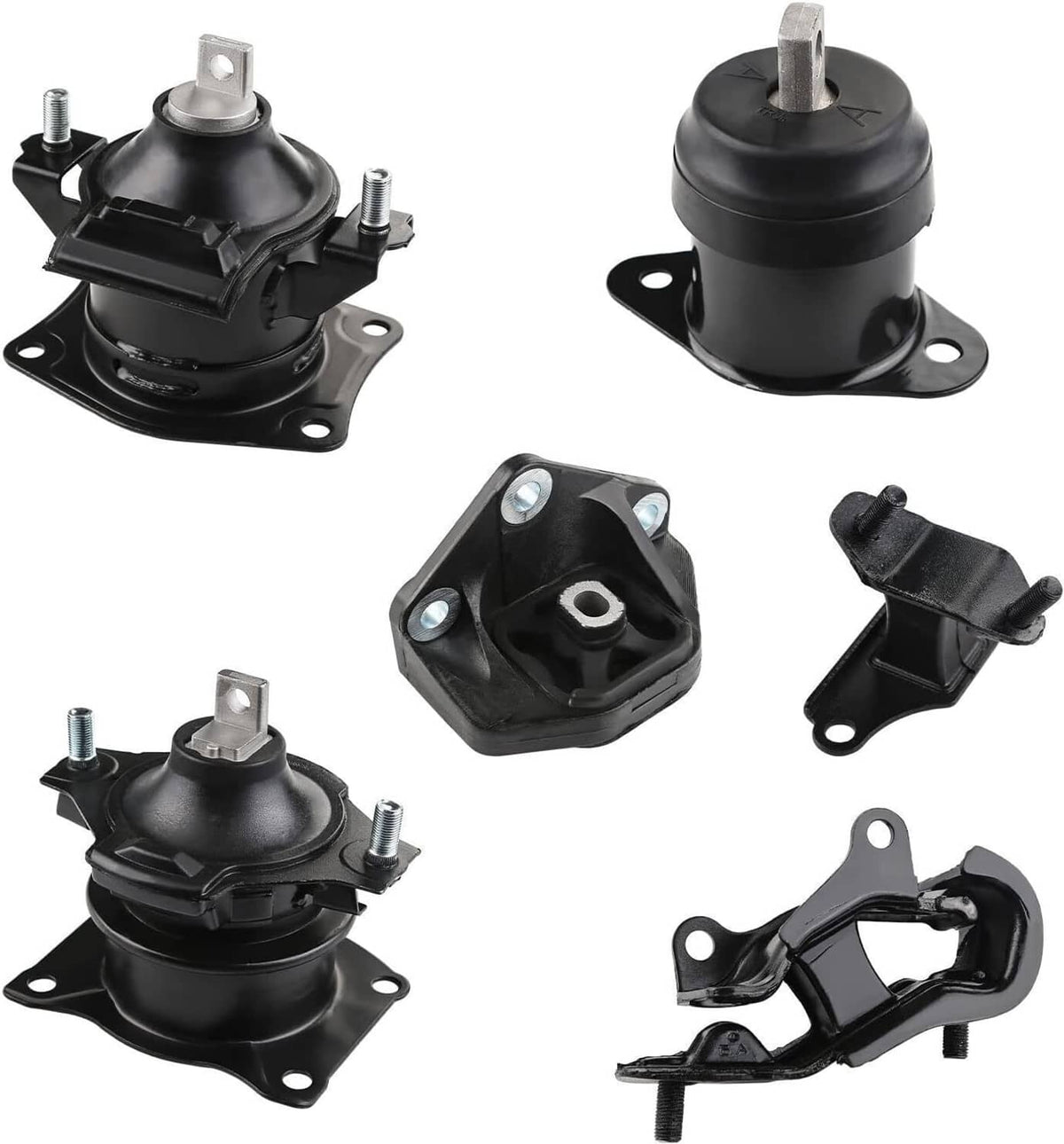 Set of black rubber engine and transmission mounts with metal brackets and studs