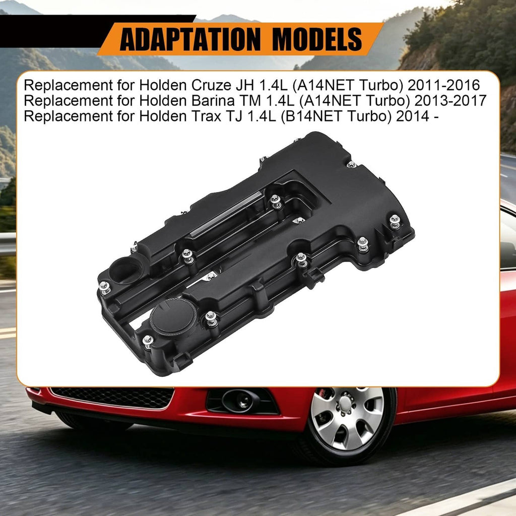 Black camshaft valve cover with integrated cap and bolt holes, angled view