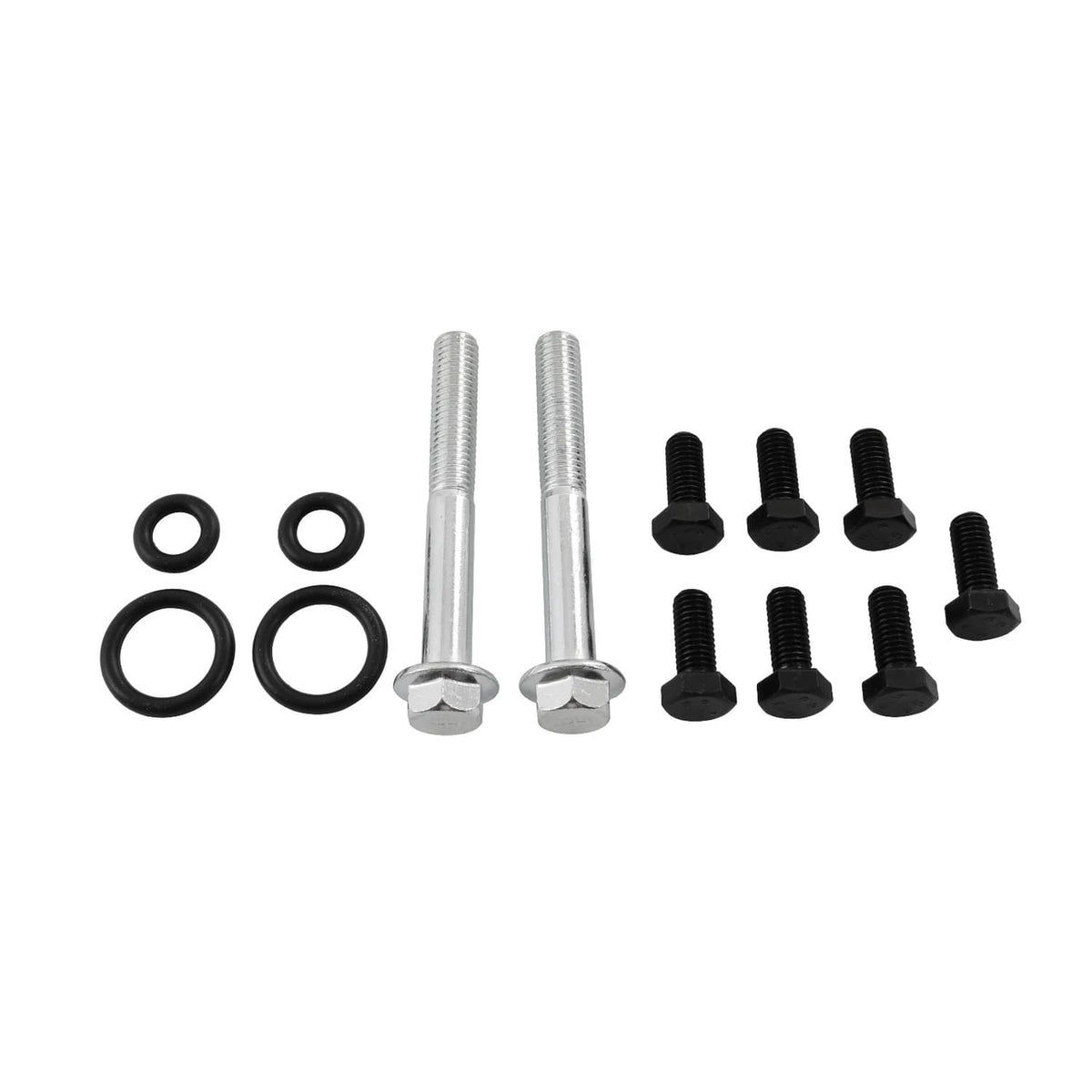 Turbo pedestal hardware set with bolts and O-rings in silver and black