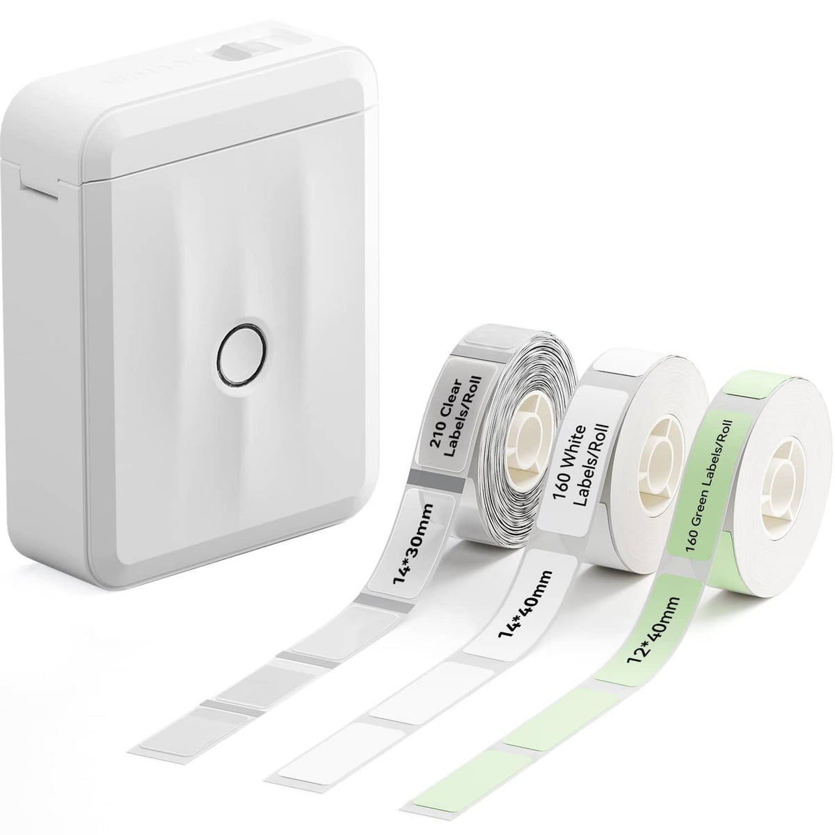 White NIIMBOT D110 thermal label maker with roll of label paper and label strips