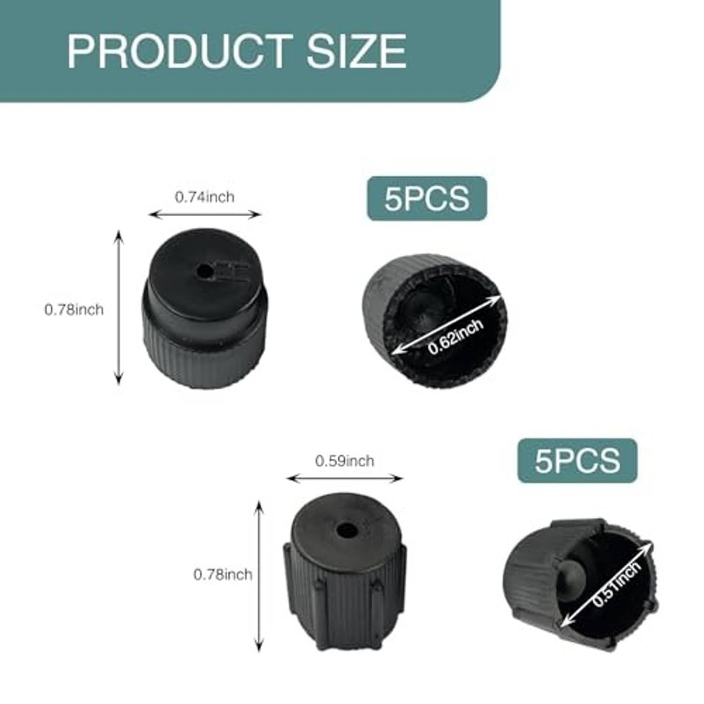 Black ribbed air conditioning valve caps shown with side and top views