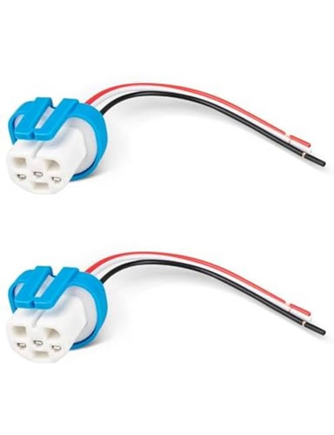 3-pin headlight wire harness with two blue-and-white connectors and red/black cable leads
