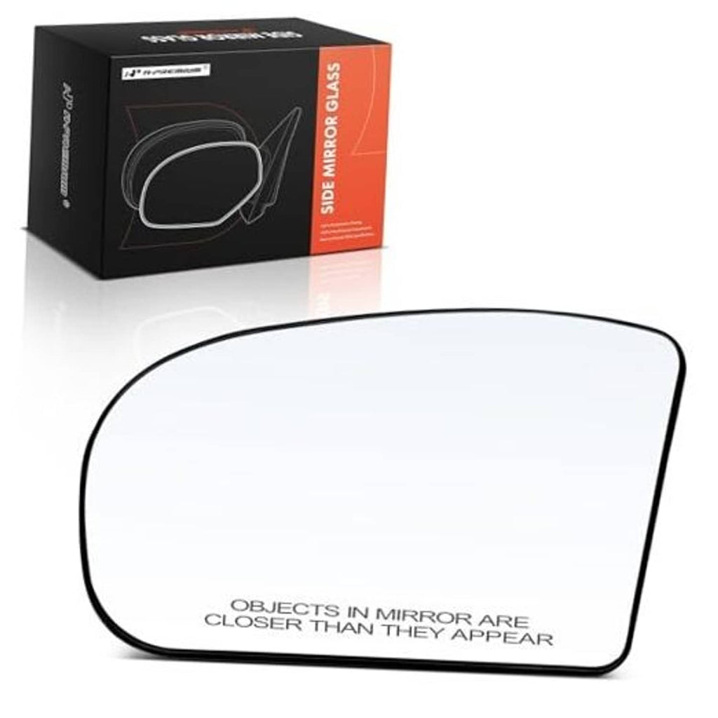 Left driver side heated mirror glass with clear lens and black border, curved shape