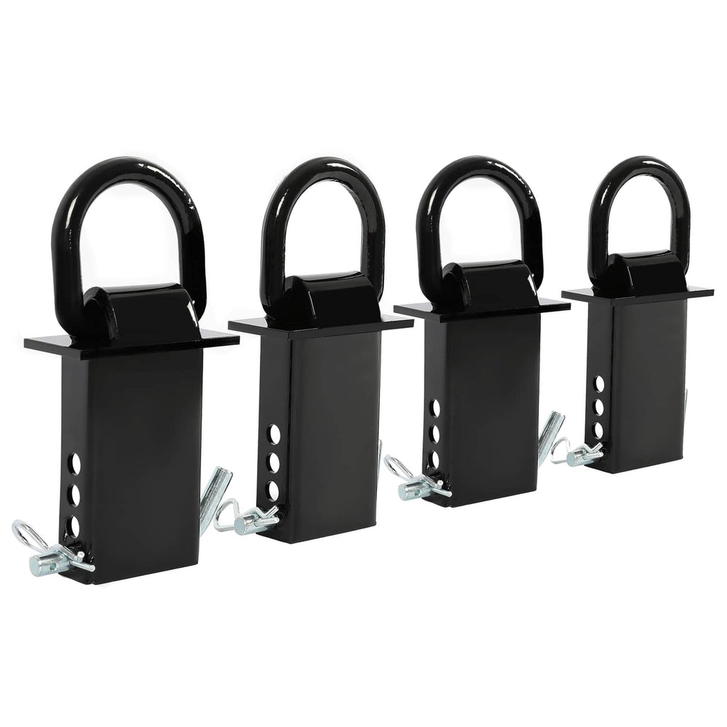 Four black D-ring trailer tie-down mounts with mounting holes and galvanized bolt hardware