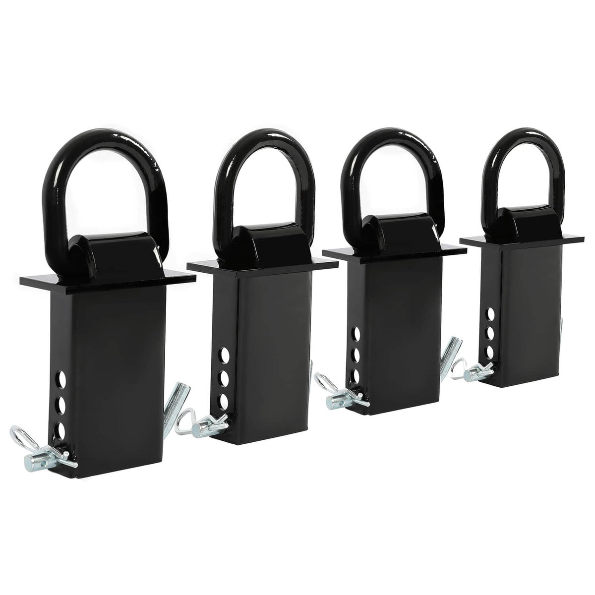 Four black D-ring trailer tie-down mounts with mounting holes and galvanized bolt hardware