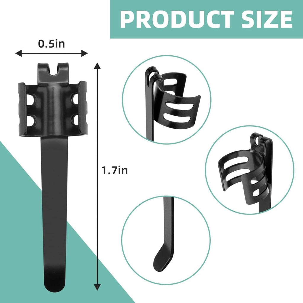 Black flashlight clip with bar mount and U-shaped clamp, size guide shown