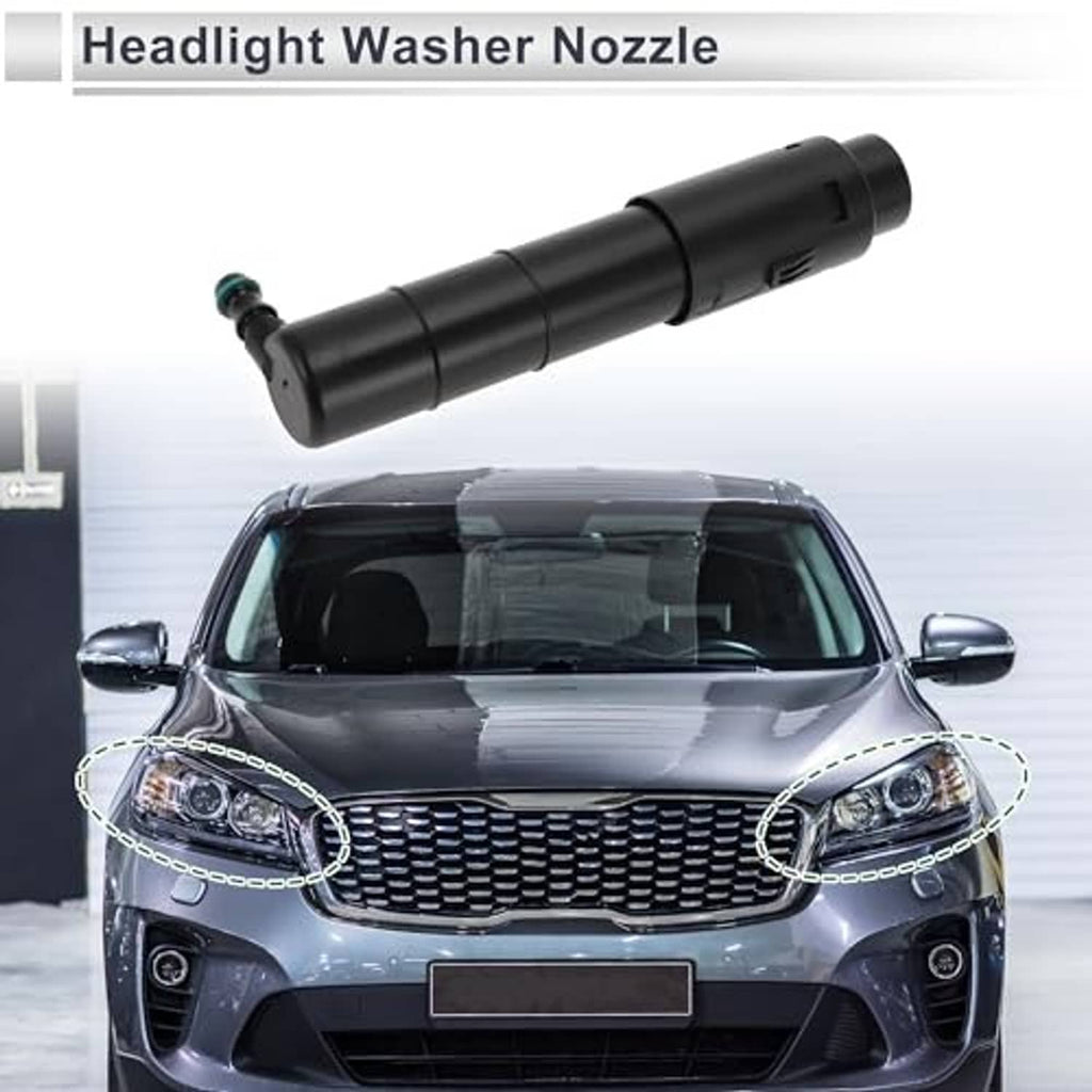 Headlight washer nozzle shown with a car front view, black part with green connector
