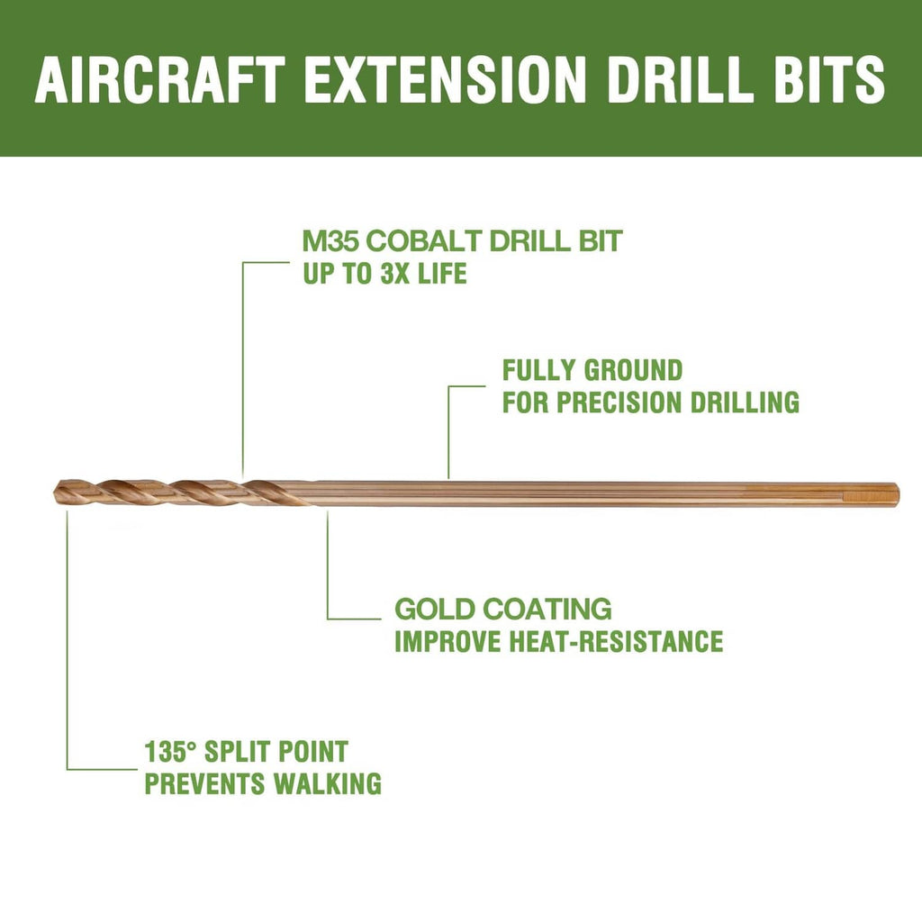 Diagram of M35 cobalt long drill bit features: split point, gold coating, full grind