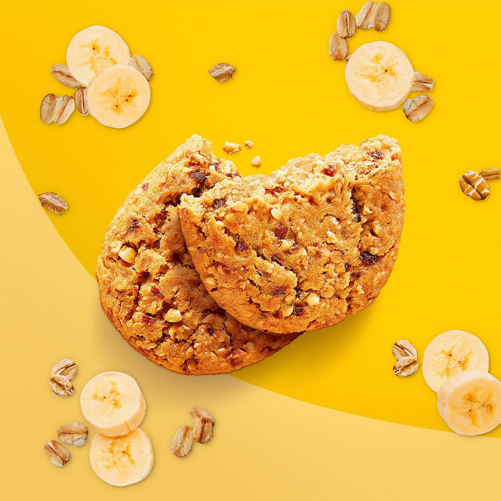 Banana bread flavored soft baked breakfast biscuits with banana slices and oats